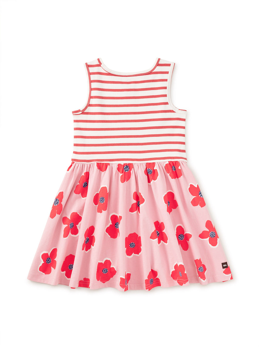 Pink dress with red floral patterns and a white background