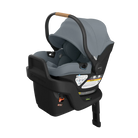 A grey and black infant car seat with a matching canopy and a light brown wooden handle grip, shown on a solid white background.