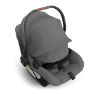 Gray baby car seat with canopy on a white background