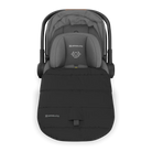 Gray baby car seat with black footmuff on a white background