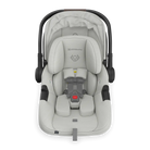 Baby car seat with black frame and gray cushion on a white background