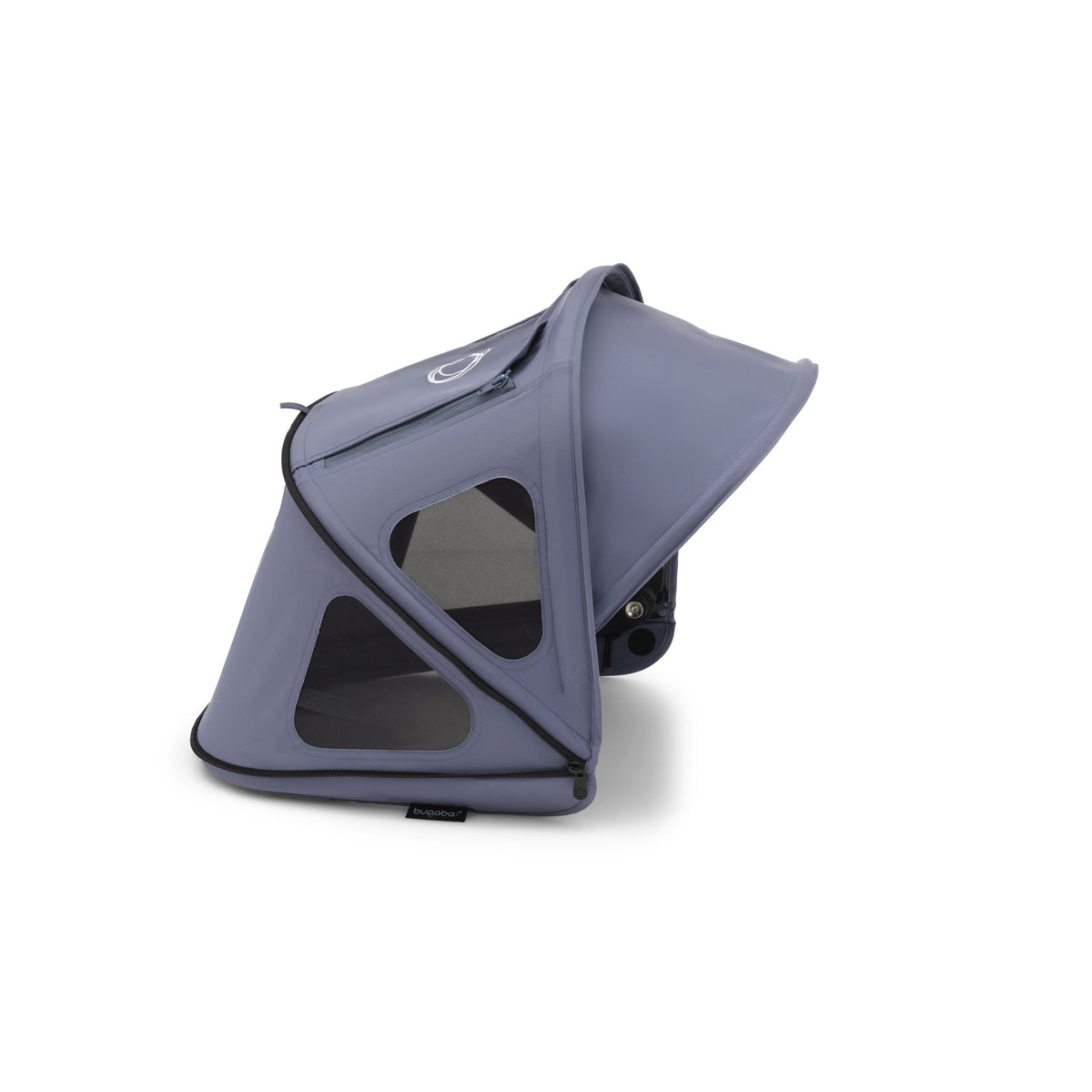 A stroller canopy in a muted slate blue-gray color, shown from a side angle with its hood up, featuring mesh windows and black trim, set against a plain white background.