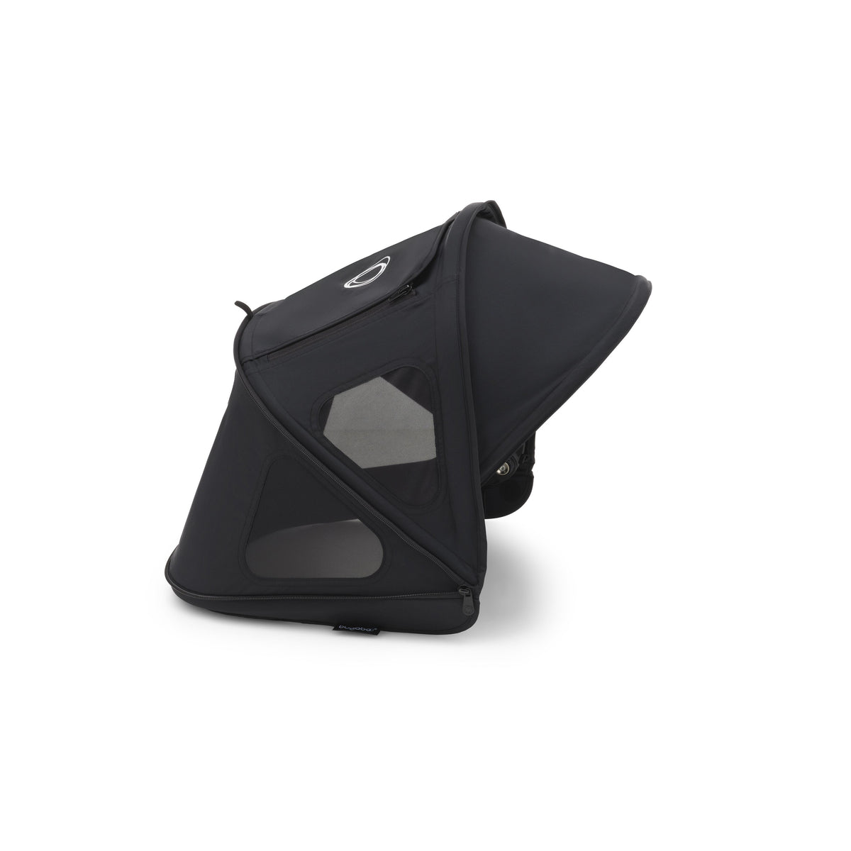 A black stroller canopy with mesh ventilation windows, shown from a three-quarters angle on a clean white background.