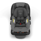 Gray car seat with visible branding on a white background