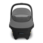 Gray baby car seat with black frame on a white background