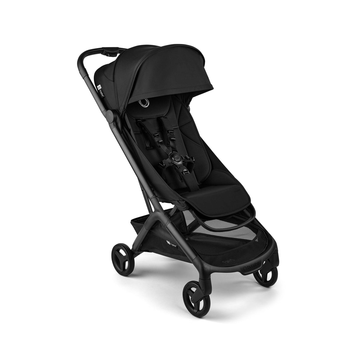A black stroller with a dark gray frame, shown at a three-quarter angle on a clean white background.