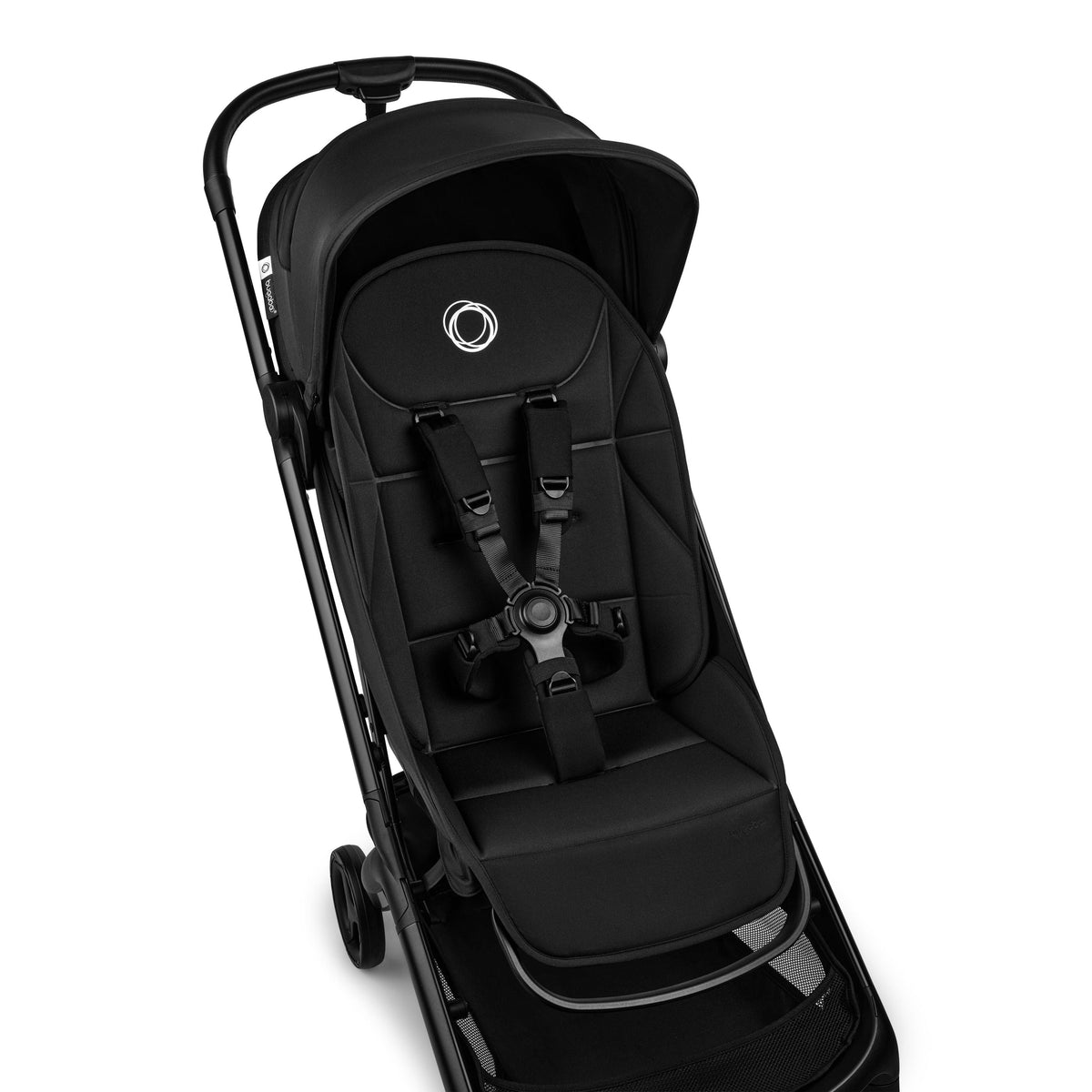 Black baby stroller on a white background