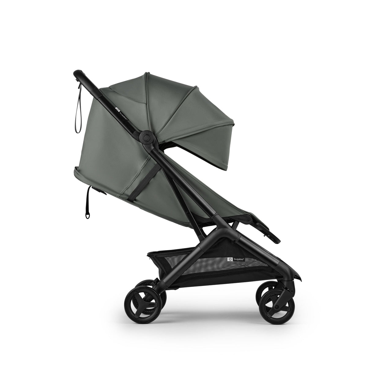 Gray stroller with a canopy on a white background