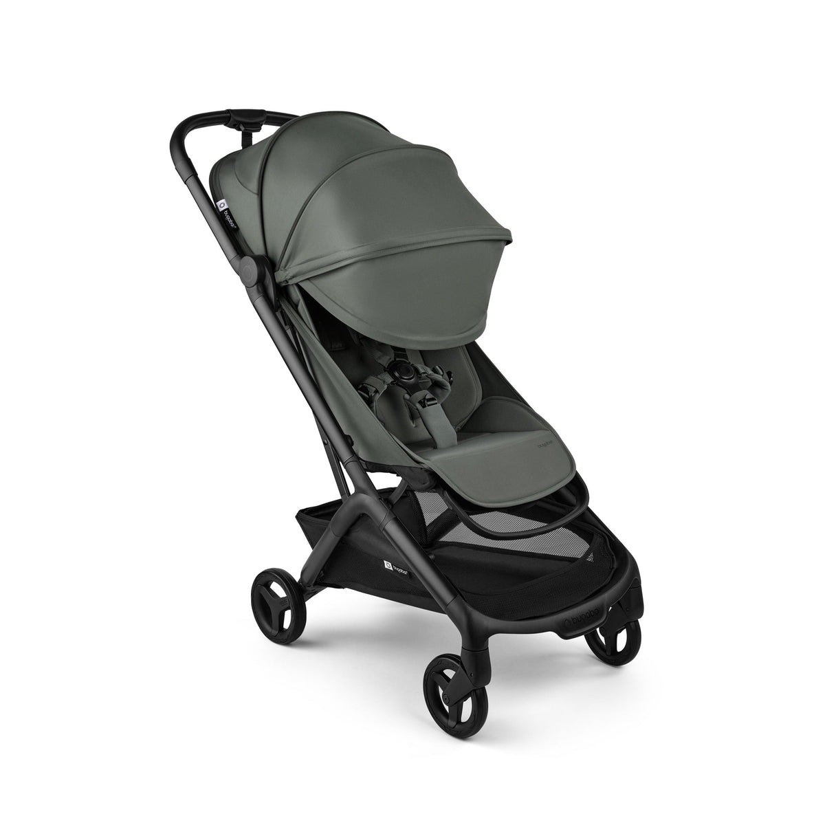 Gray stroller with black frame on a white background