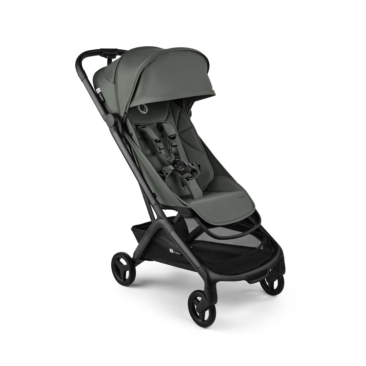 A stroller in a muted sage green fabric with a black frame and wheels, shown from a three-quarters angle on a solid white background.
