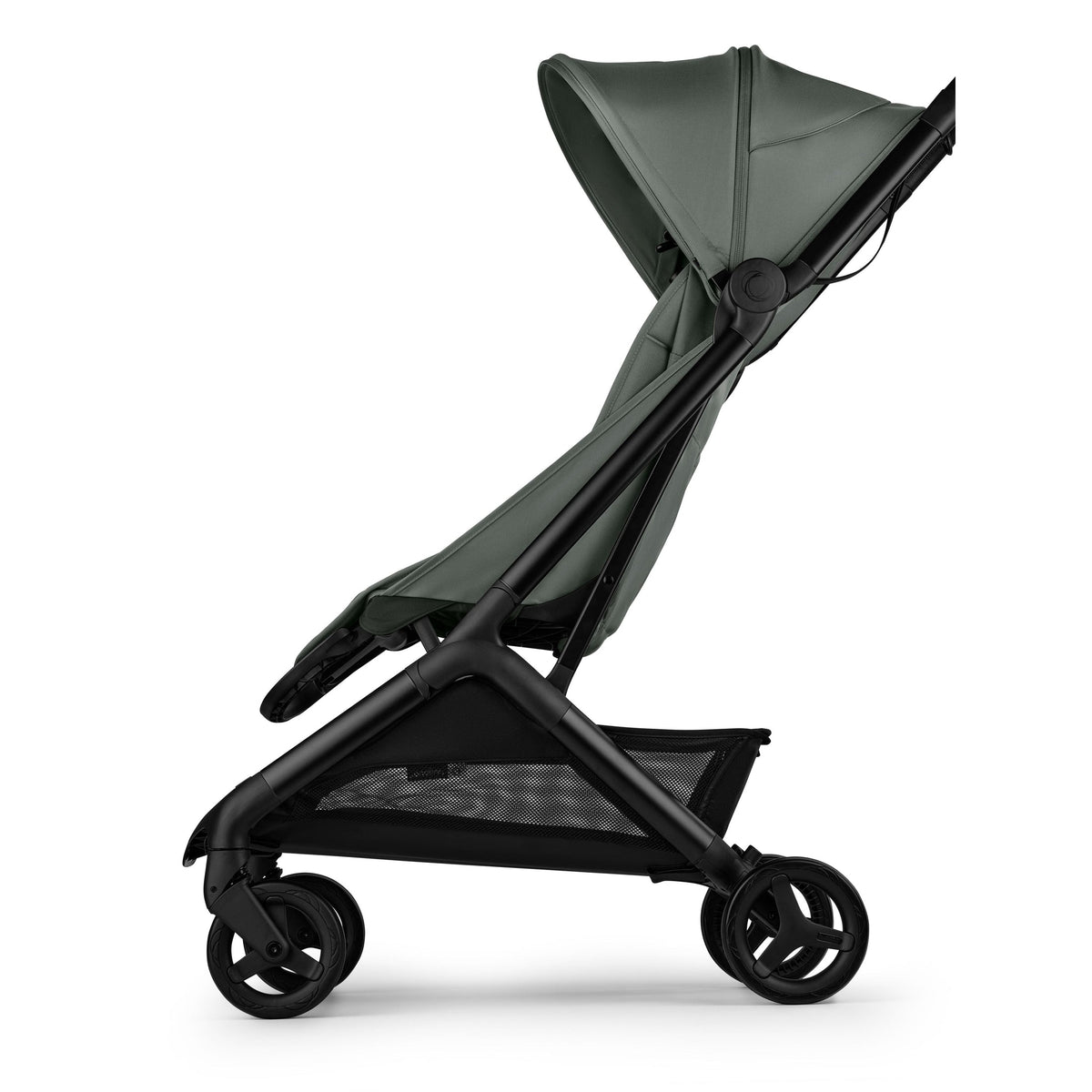 Green stroller with a black frame on a white background