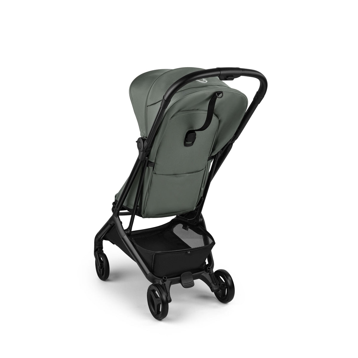 Green baby stroller with black frame on a white background