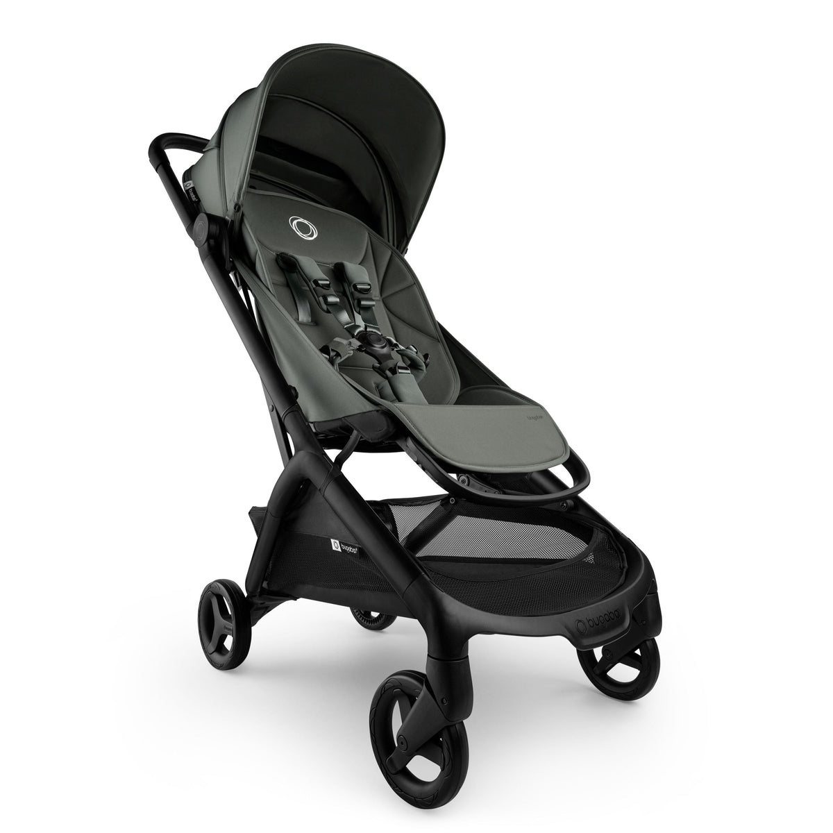 Black and gray stroller on a white background