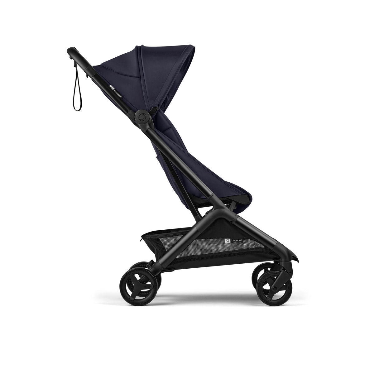 Navy blue stroller on a white background
