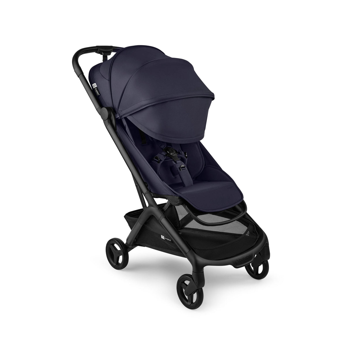 Navy blue stroller with black frame on a white background