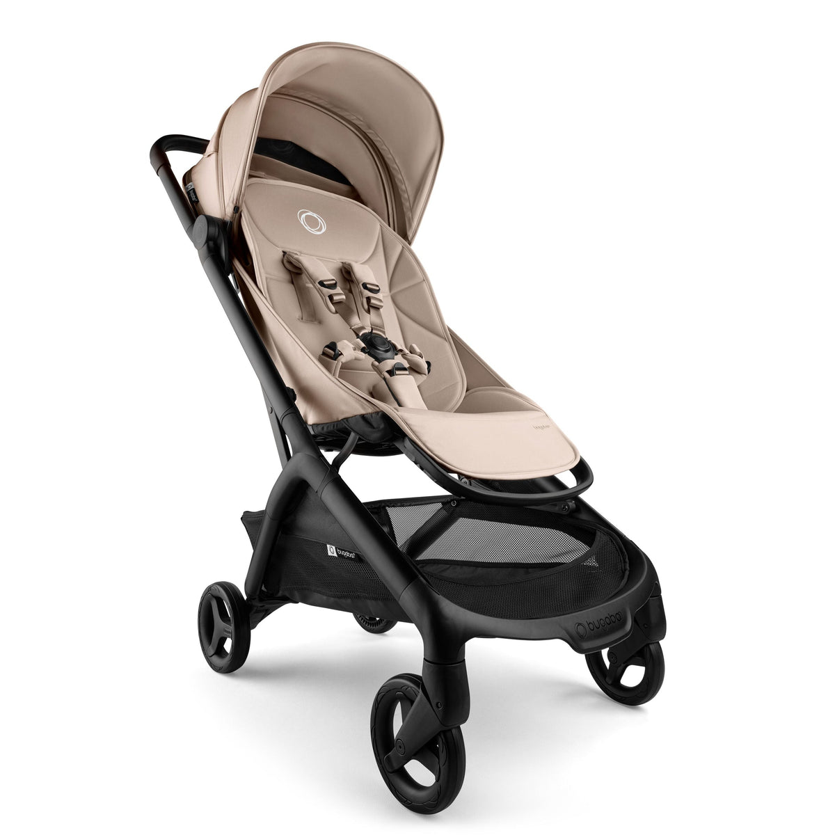 Beige and black stroller on a white background