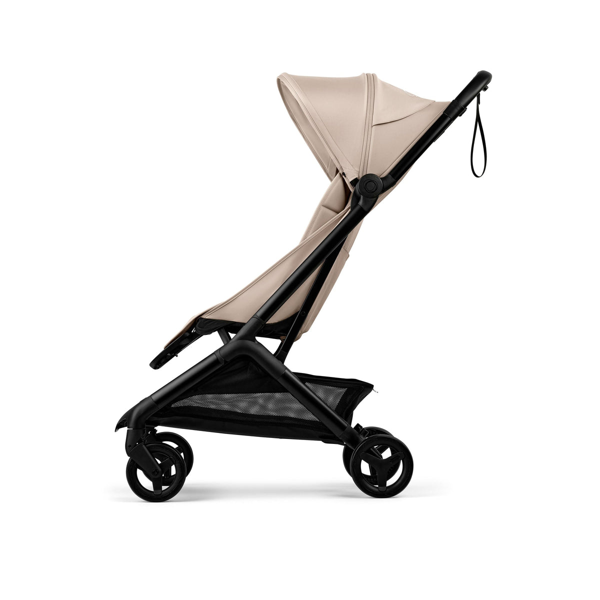 Beige and black stroller on a white background