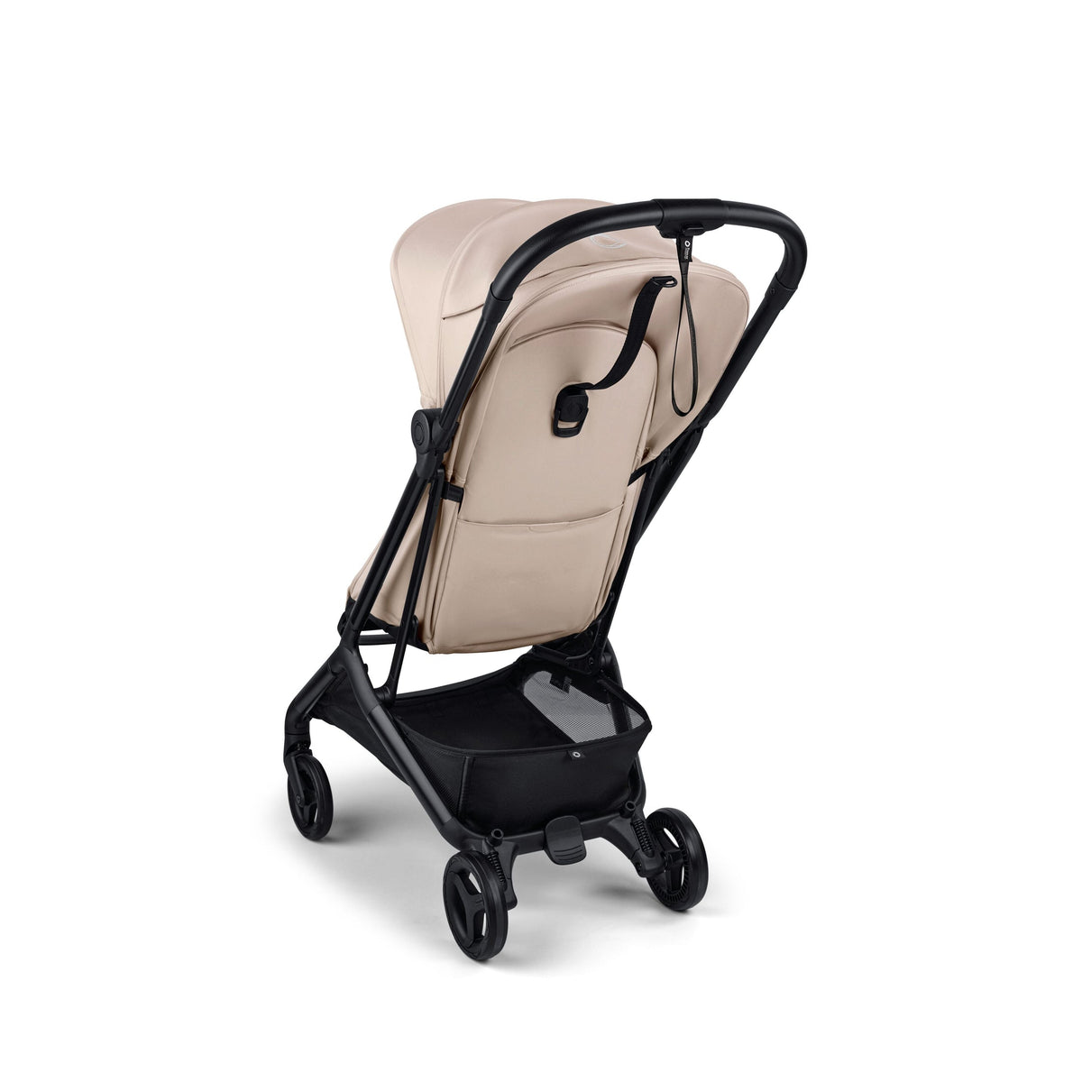 Beige baby stroller with black frame on a white background