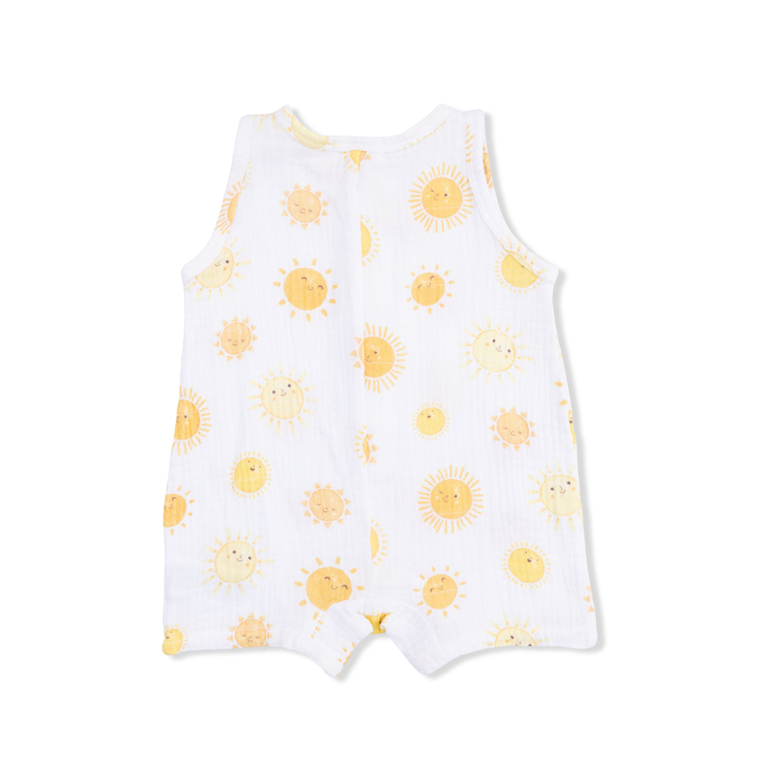 White sleeveless romper with yellow sun patterns on a white background