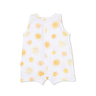 White sleeveless romper with yellow sun patterns on a white background