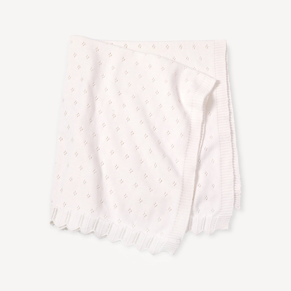 A folded white knit baby blanket with a delicate eyelet pattern and ribbed scalloped edges, shown on a light off-white background.