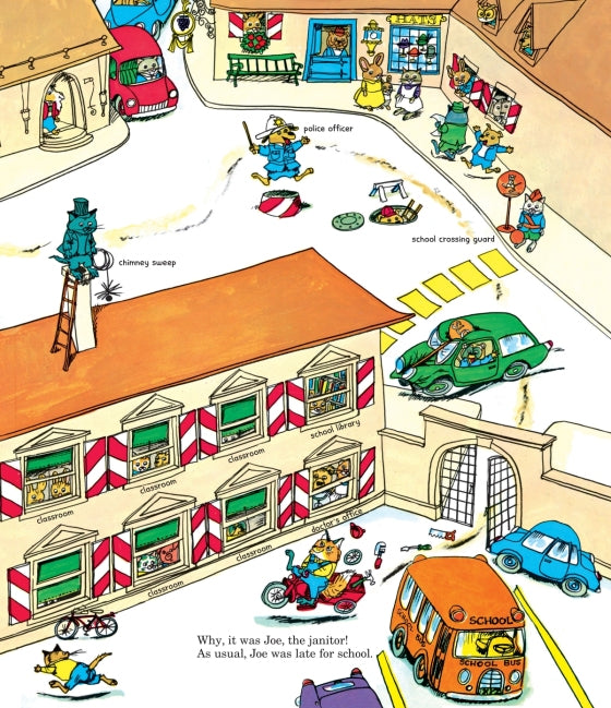 Illustration of a school scene with various characters and vehicles