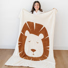 Person holding a lion-themed blanket with a white background