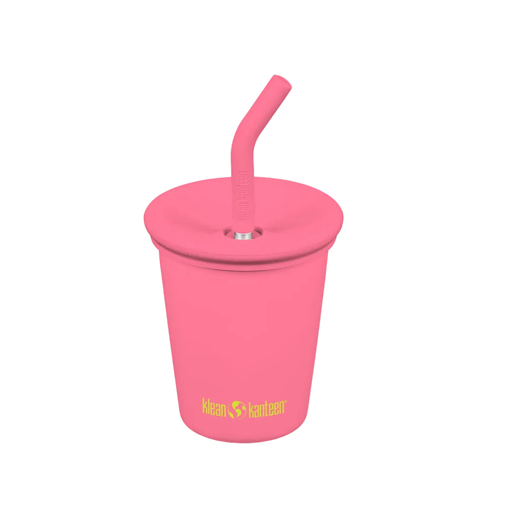 A pink insulated tumbler cup with a matching lid and curved straw, featuring the yellow 'Clean Kanteen' logo near the bottom, shown on a plain white background.