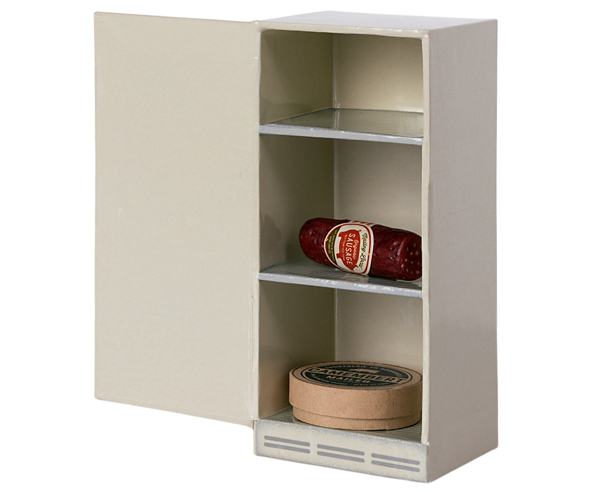 Beige storage cabinet with shelves containing a jar and a container on a white background