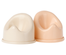 Two beige and pink plastic cups on a white background