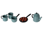 Set of teal cookware including mugs, a pan with food, and a teapot on a white background