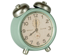 Vintage-style alarm clock with a light green body and silver accents on a white background