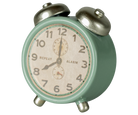 Vintage-style alarm clock with a light green casing and silver bells on a white background