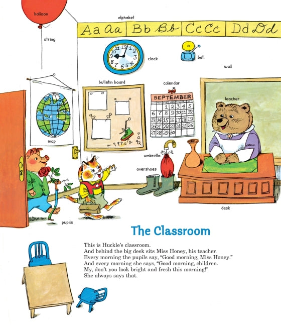 Illustration of a classroom scene with educational elements and text.