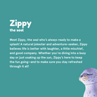 Promotional image of Zippy the seal with text on a teal background