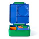 Blue and green lunch box with compartments on a white background