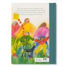 Book cover with colorful illustration of people and a dog in a garden, on a white background.