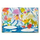 Illustrated book page with children playing in the rain, colorful umbrellas, and rain boots.