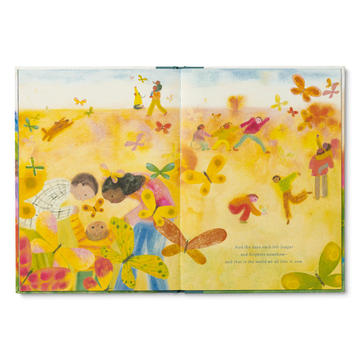 Open book with colorful illustrations of children and butterflies on a yellow background