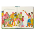 Illustrated book open to a page with colorful characters and animals on a white background