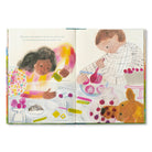 Illustrated book open to two pages with children and a dog at a table.