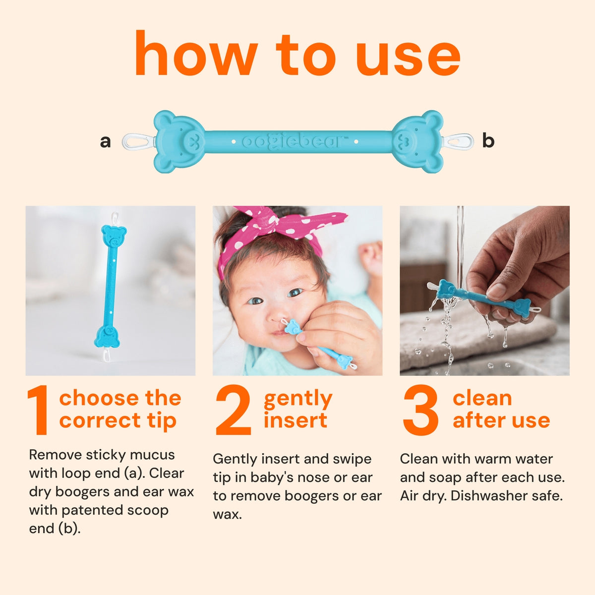 Instructions on how to use a baby nasal aspirator with images and text.