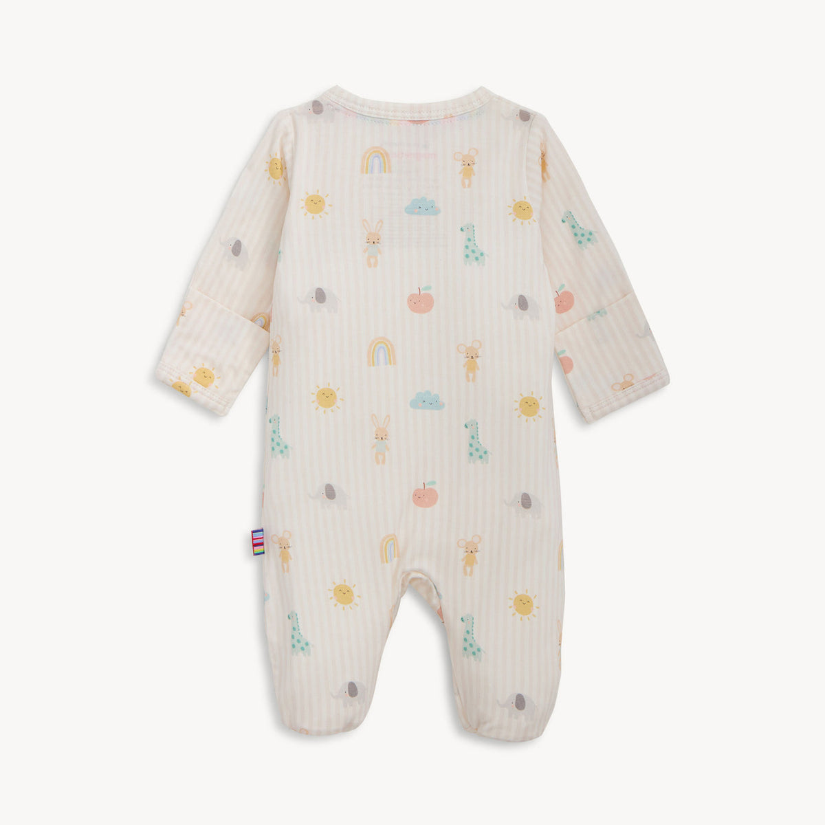 Baby onesie with colorful patterns on a white background