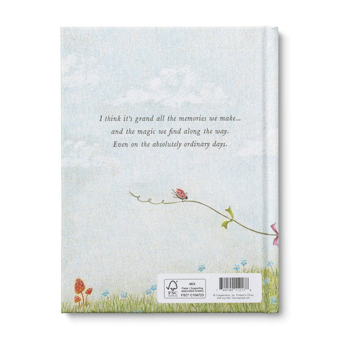 Notebook cover with a quote and illustrations of birds and flowers on a light blue background
