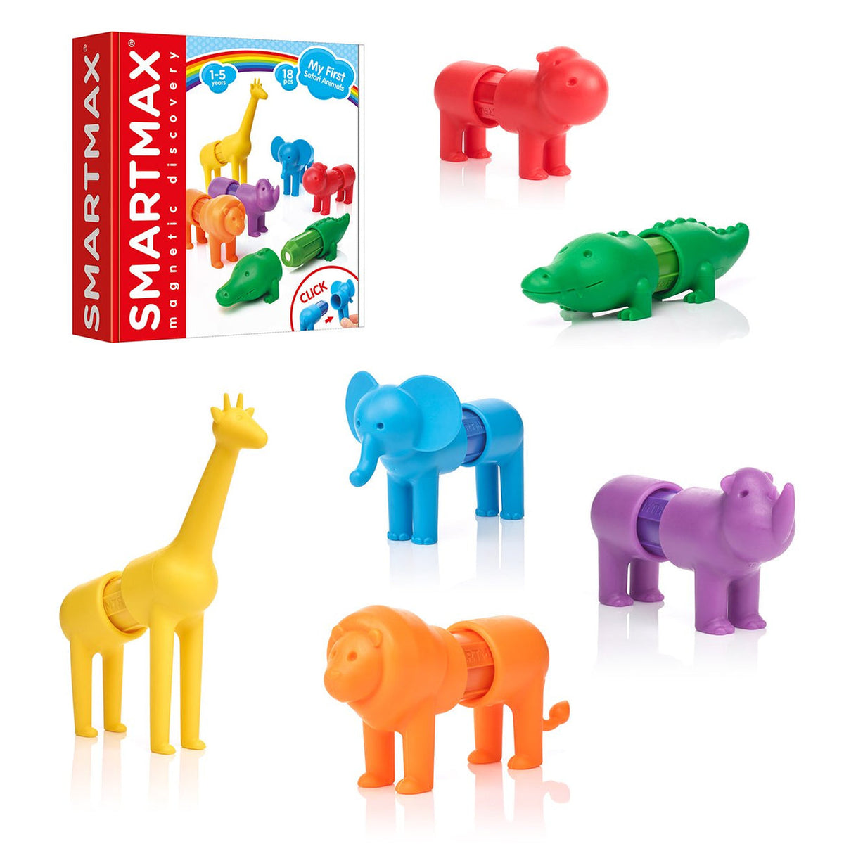 SmartMax magnetic building set with colorful animal figures and packaging on a white background