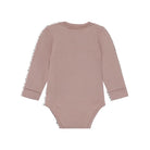A long-sleeve ribbed bodysuit in a dusty rose pink color, shown from the back on a clean white background.