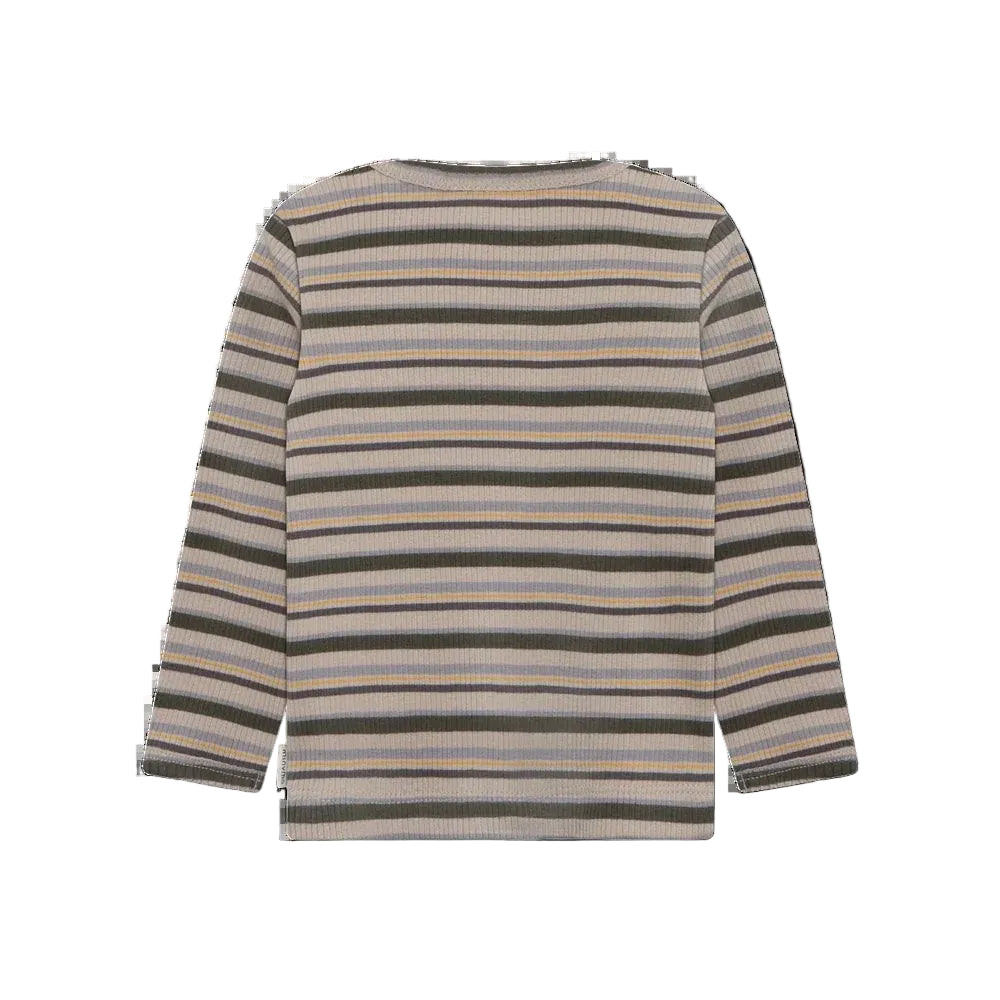 A long-sleeve ribbed knit top with horizontal stripes in dark olive green, beige, and light gray, shown from the back on a white background.