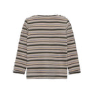 A long-sleeve ribbed knit top with horizontal stripes in dark olive green, beige, and light gray, shown from the back on a white background.
