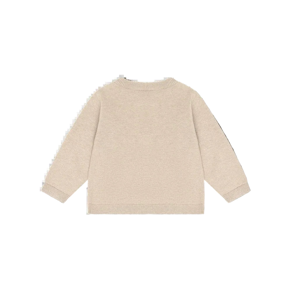 A light beige knit sweater shown from the back, featuring long sleeves with ribbed cuffs and a ribbed hem, displayed on a clean white background.