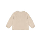A light beige knit sweater shown from the back, featuring long sleeves with ribbed cuffs and a ribbed hem, displayed on a clean white background.